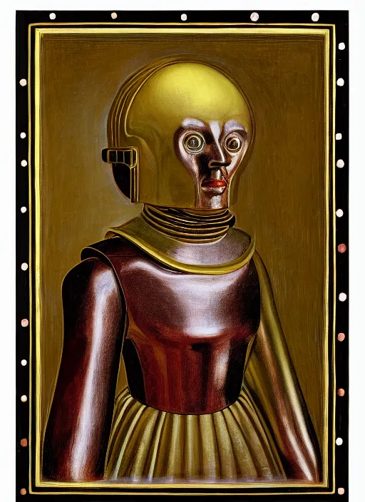 Image similar to a portrait of a shiny metallic renaissance robot, in the style of Jan van Eyck,