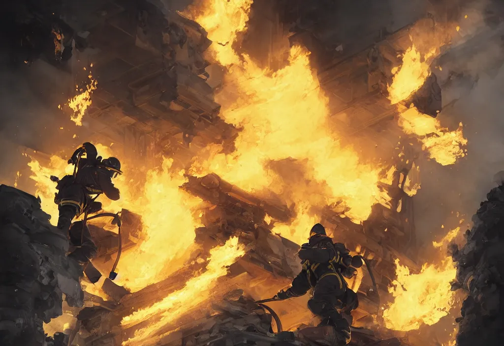 Image similar to heroic firefighter in action in black and yellow uniform, fire flames, sharp details, sharp focus, elegant, highly detailed, illustration, by jordan grimmer and greg rutkowski and pine ( ハイネ ) and 薯 子 imoko and 香 川 悠 作 and wlop and maya takamura, intricate