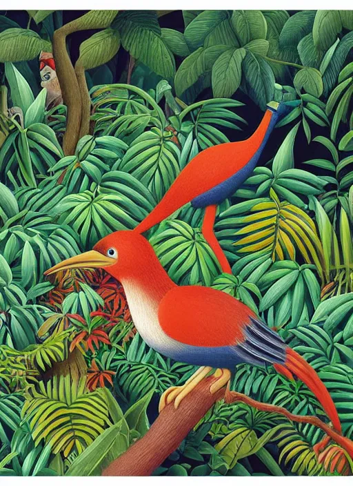 Image similar to rare bird in the jungle, highly detailed, style of henri rousseau and richard scarry and hiroshi yoshida