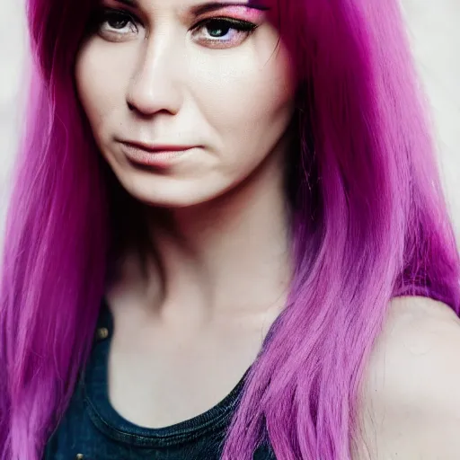 Image similar to a woman with 3 eyes and violet hair wearing a tank top.