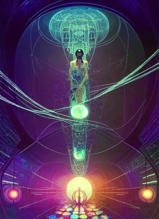 Prompt: high zoom, inside fractals!! calm, healing, resting, life, hybrids, scifi, glowing lights!!, published concept art, mixed medias, image overlays, sharp focus, thin glowing wires, top best illustration, art by greg rutkowski and alphonse mucha, singularity!!!, 3 6 0 capture