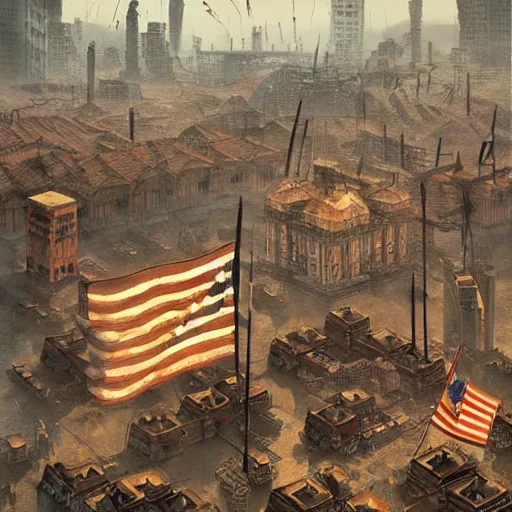 Image similar to (Age of Empires III), colony with checkered flags, rust and brutalist buildings . Propaganda poster, intricate, elegant, highly detailed, digital painting, artstation, concept art, matte, sharp focus, illustration, art by Enki Bilal and Moebius]