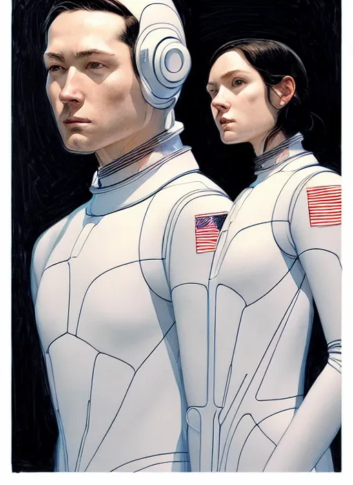 Image similar to artwork by james jean and Phil noto; a close up on the face of a beautiful man and woman in a future space suit; wearing futuristic astronaut helmet; highly detailed; pretty eyes; circular black pupils; artwork by james jean and Phil noto