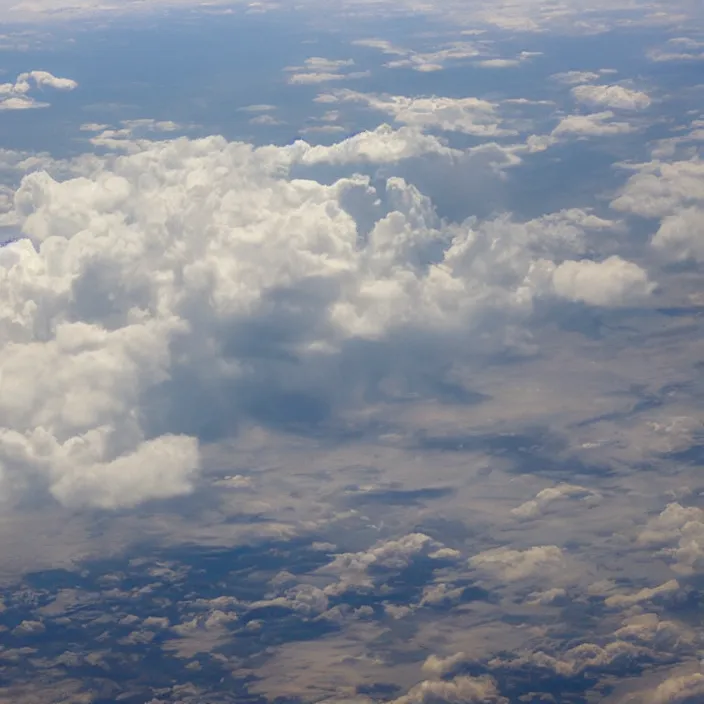 Image similar to Endless clouds towering high, seen from a plane, no ground visible, very detailed, 8k resolution, pale yellow hue