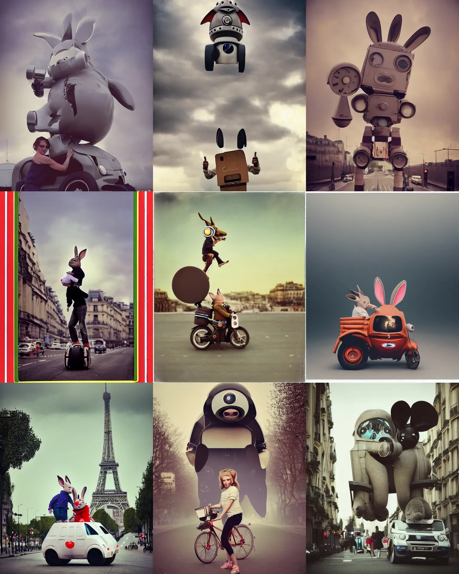 Prompt: epic pose!!! googly eyed giant oversized rocket battle rabbit robot chubby mech baby sport car double decker with giant oversized ears and rabbit babies , in paris , full body , Cinematic focus, Polaroid photo, vintage , neutral dull colors, soft lights, foggy sunset , by oleg oprisco , by national archives, by discovery channel, by victor enrich , by gregory crewdson