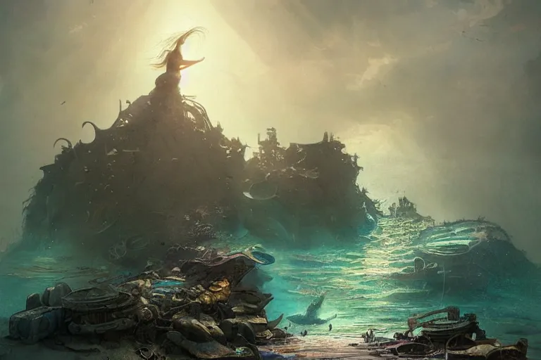 Prompt: a beautiful painting of the sunken city of Atlantic city under water, ray of sunlight, mermaid in distance, Greg Rutkowski, Moebius, Mohrbacher