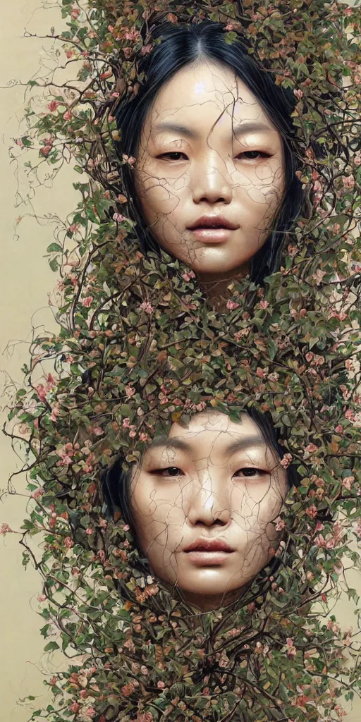 Image similar to very beautiful highly detailed and expressive oil painting of an asian woman's face dissolving into vines and plants by james jean, by kim jung gi, masterpiece, dynamic lighting, intricate linework, 8 k, flowers