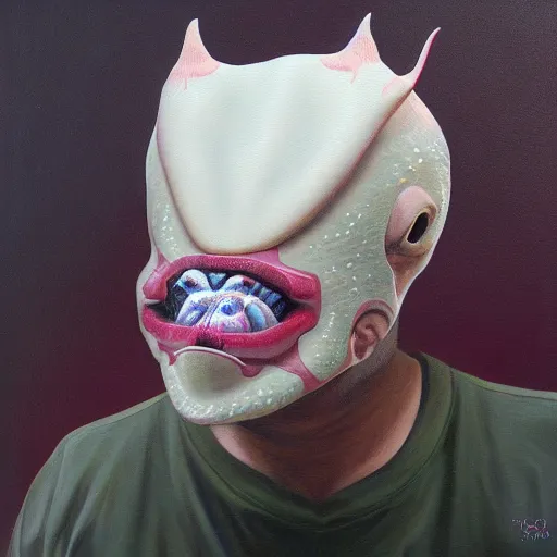 Image similar to man wearing axolotl mask. detailed painting by derek riggs.