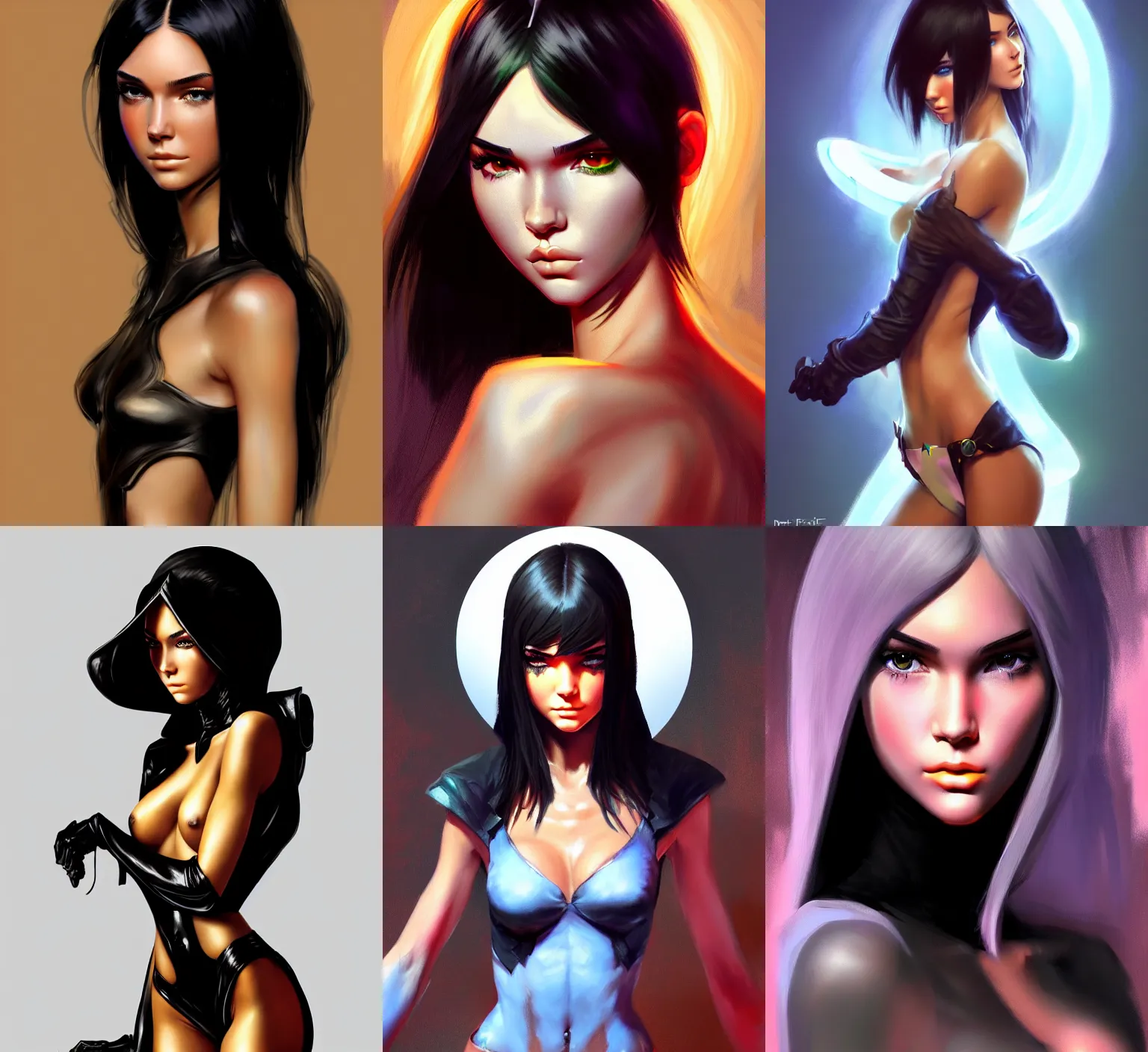 Prompt: masterpiece digital character concept art of kendal jenner as a cosplay e - girl, by frank frazetta, trending on artstation, featured on pixiv, clothed non - nude, portrait, hyper detailed, beautiful glowing lights, intricate, elegant, digital painting, smooth, sharp focus,