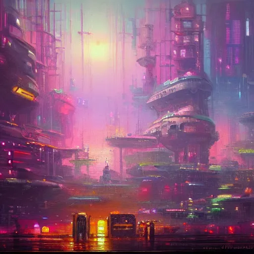 Image similar to a Stunning oil painting of A Great cyberpunk city on the sea by Paul Lehr,concept art,Retro colour,hyper detailed,8K Resolution