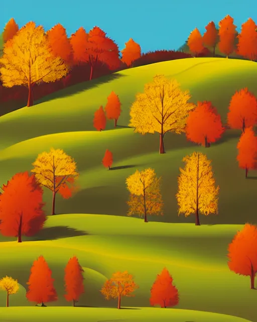 Image similar to autumn hillside boy hiking illustration fine texture, dynamic composition, detailed, matte print, dynamic perspective