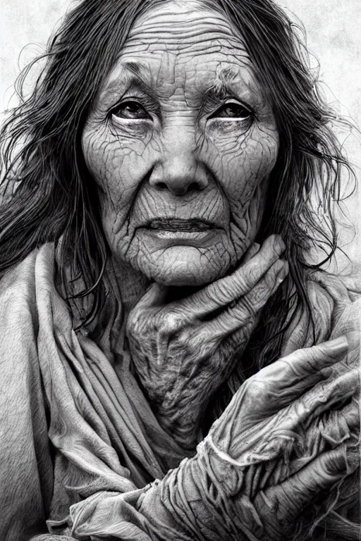 Prompt: very old wrinkled woman crone with long scraggly hair wearing rags, character portrait, concept art, intricate details, highly detailed photorealistic portrait in the style of adam hughes, seseon yoon, artgerm and warren louw