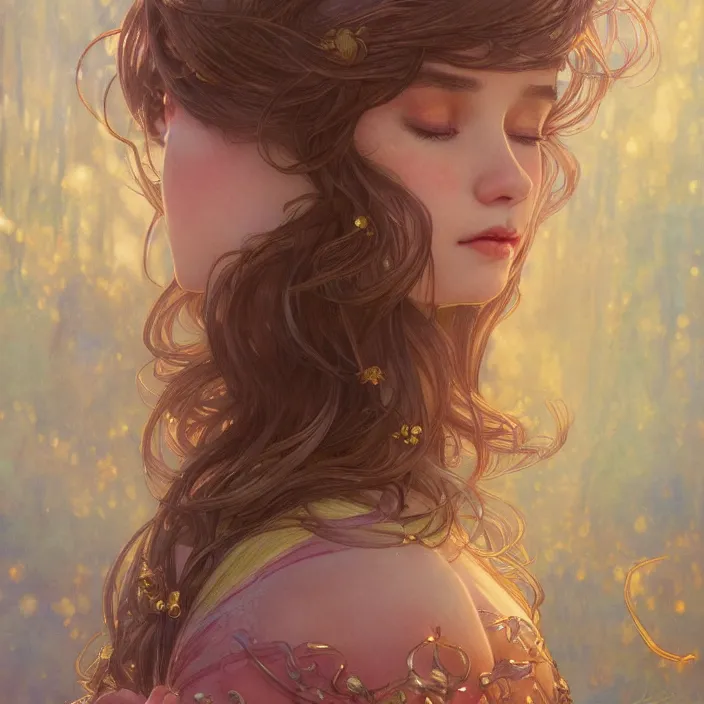Image similar to iu close up, highly detailed, gold filigree, romantic storybook fantasy, soft cinematic lighting, award, disney concept art watercolor illustration by mandy jurgens and alphonse mucha and alena aenami, pastel color palette, featured on artstation