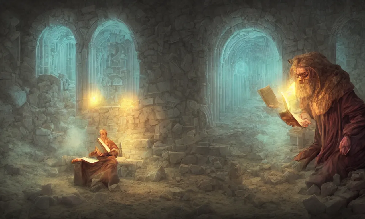 Image similar to kerberos realm, faked ticket close up, wizard reading a directory, nordic pastel colors, abandoned ruins, 3 d art, digital illustration, perfect lighting
