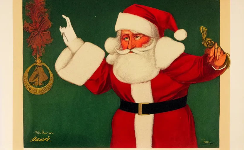 Prompt: color art deco lithograph of santa clause by adolphe millot