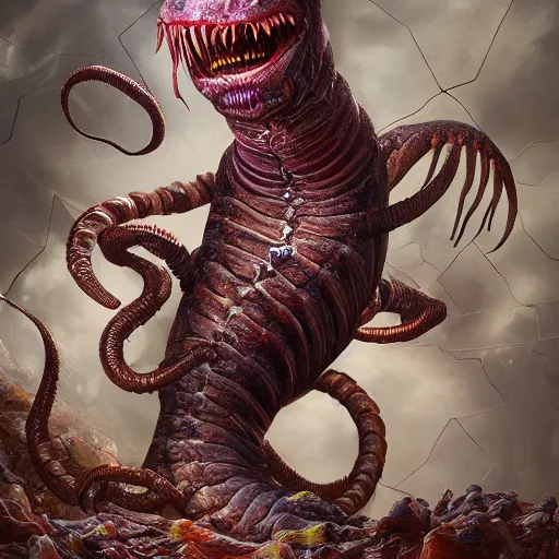 Image similar to screaming worm monster, maximalist, high detail, 8k, ornate, dark fantasy, realistic, masterpiece, Trending on art station, complex, WLOP