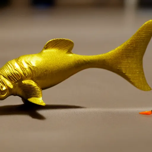 Image similar to jerry curl gold fish perfect focus, scene from tv show hyper detailed 5 5 mm 8 5 mm, toy photography, made out of plastic