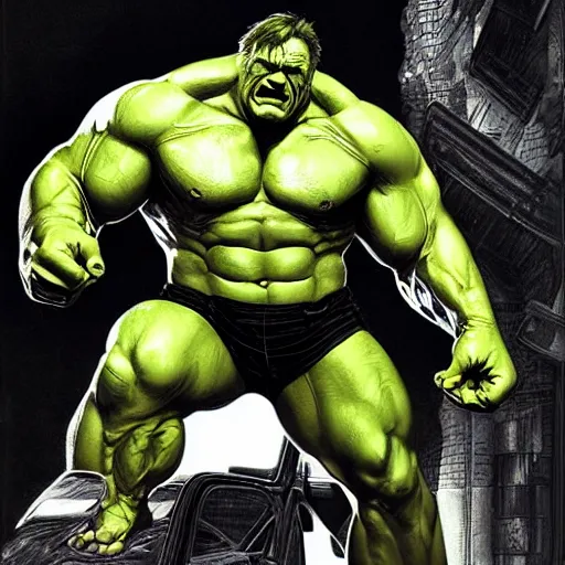 Image similar to [Gérard Depardieu as the Hulk as GTA character, closeup, D&D, intricate, elegant, highly detailed, digital painting, artstation, concept art, matte, sharp focus, illustration, art by Artgerm and Greg Rutkowski and Alphonse Mucha and Enki Bilal]