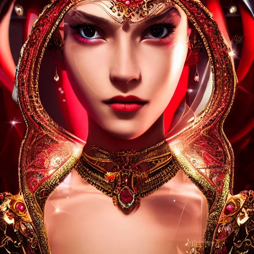 Image similar to photograph of wonderful princess with smooth fair skin, alluring eyes, red jewelry, breathtaking, elegant, ornate, intricate, hyper detailed, accent lighting, dramatic light, 4 k octane render