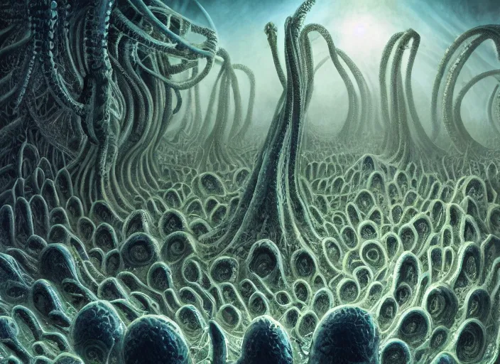 Prompt: acid trip of the fractal end of the world by giger and vladimir kush, crowd of people in the center, big tentacle in bottom right, au naturel, hyper detailed, digital art, trending in artstation, cinematic lighting, studio quality, smooth render, octane rendered...