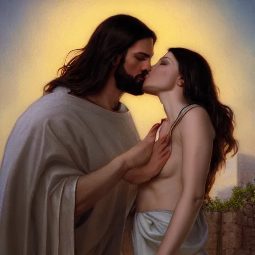 Image similar to jesus kissing a sensual woman in jerusalem, elegant, highly detailed, digital painting, artstation, concept art, matte, sharp focus, highly detailed, 4 k, hdr, smooth, sharp focus, high resolution, award - winning photo, photorealistic, art by artgerm and greg rutkowski and alphonse mucha, large shot