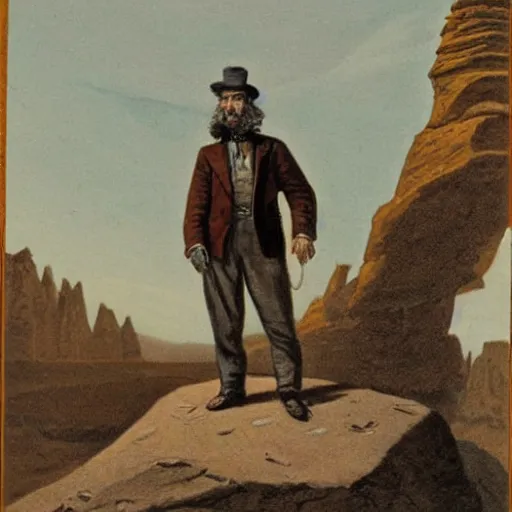 Prompt: 19th century scruffy american trapper, standing next to desert oasis, standing atop boulder overlooking expanse, sphinx in the' distance, pulp science fiction illustration