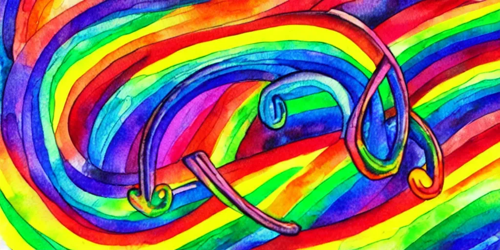Prompt: musical notes in a prism rainbow, a curvy staff of musical notation flowing out of a prism rainbow. comic book watercolor, in the style of Pink Floyd Dark Side of the Moon