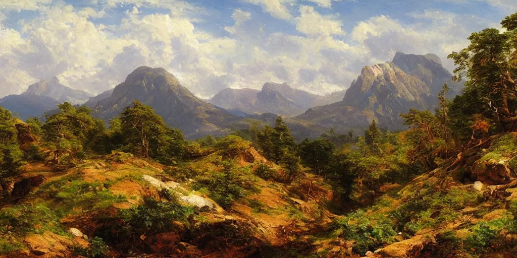Prompt: a beautiful landscape painting of a rocky valley with patches of woodland, by frederic edwin church, oil on canvas, highly detailed, hd, 4 k