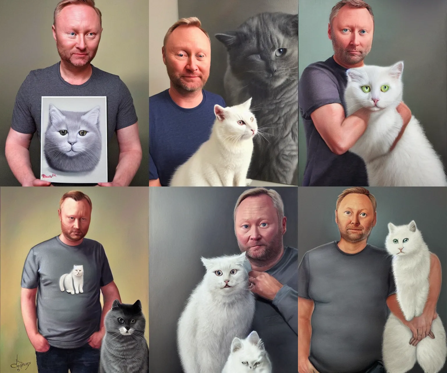 Prompt: a white man with dark grey hair that looks exactly like limmy wearing a grey tshirt standing beside his fluffy white cat, houseplant behind him, epic painting by James gurney