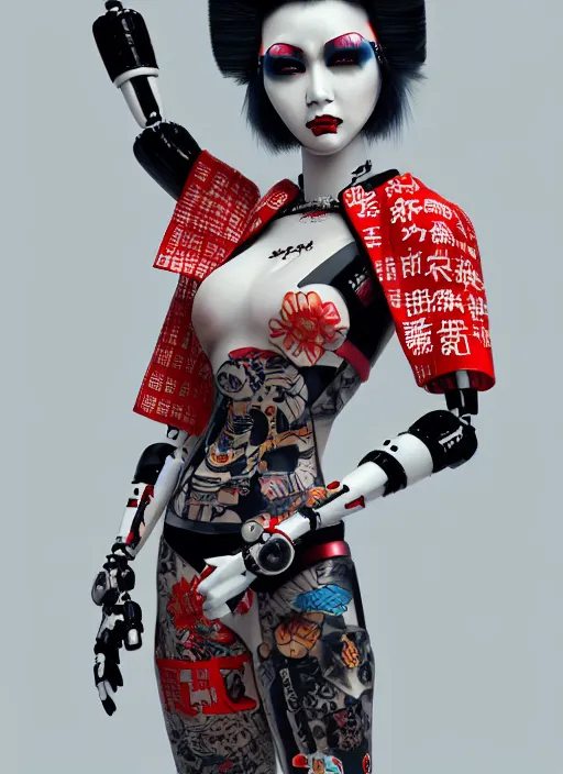 Image similar to full body photo of a punk geisha robot with kanji tattoos and decals wearing a digital pixelated kimono, intricate design, photo - realistic, octane render, ultra fine detailed, character design, trending on artstation