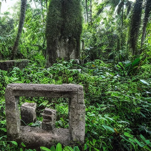 Prompt: ancient ruins found in a jungle, on an abandoned island