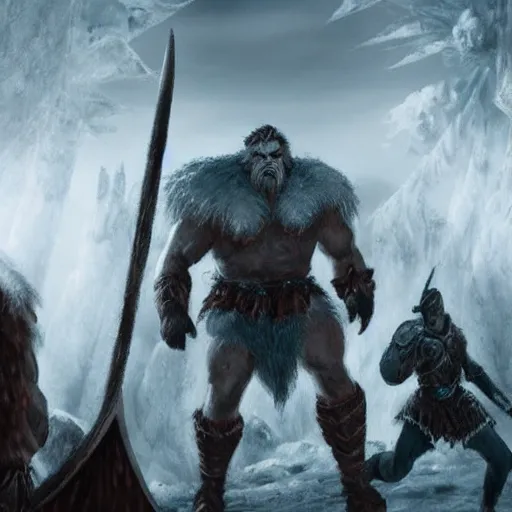 Image similar to dnd frost giant towering over some warriors