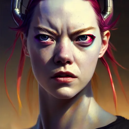 Image similar to portrait painting of a cyberpunk street samurai muscular emma stone with two big broken horns on her head, ultra realistic, concept art, intricate details, eerie, highly detailed, photorealistic, octane render, 8 k, unreal engine. art by artgerm and greg rutkowski and charlie bowater and magali villeneuve and alphonse mucha