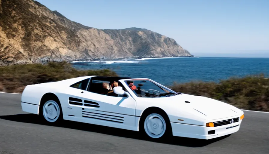 Image similar to a still of a white ferrari testarossa racing along the pacific coast highway, ocean in the background, 8 k,