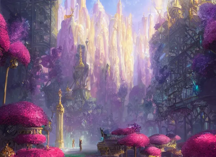 Prompt: shimmering crystal city made of diamond and rose quartz with gold decoration, sparkling in the sunlight, surrounded by flowers. trending on artstation, by tyler edlin.