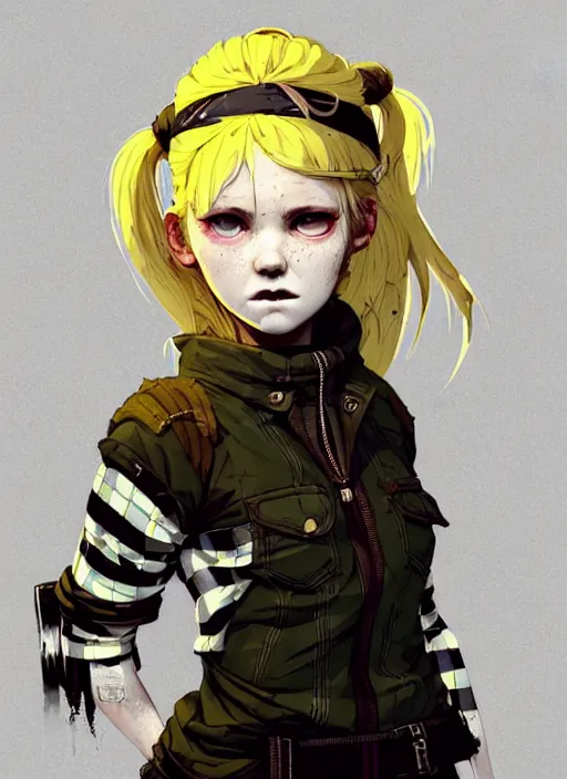 Image similar to highly detailed closeup portrait of a sewer punk pretty swedish female road warrior student, tartan garment, blonde hair pigtails with headband by atey ghailan, by greg rutkowski, by greg tocchini, by james gilleard, by joe fenton, by kaethe butcher, gradient yellow, black, brown and white color scheme, grunge aesthetic!!! white graffiti tag wall background