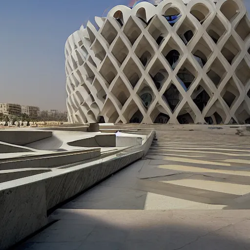 Prompt: the library of alexandria, restored to post - modern decadent style, designed by dame zaha hadid,