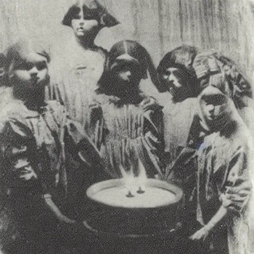 Image similar to creepy 1920 photo taken during a séance showing a spirit medium manifesting ectoplasm