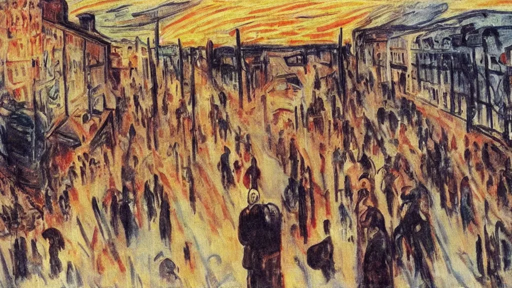 Image similar to a town being bombed on market sunday, tragic painting by edvard munch