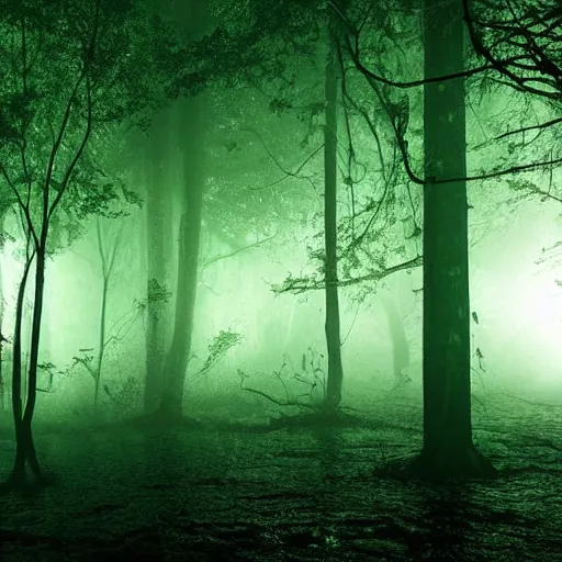 Prompt: deep rain forest scene, dark, dense fog, greenish lights