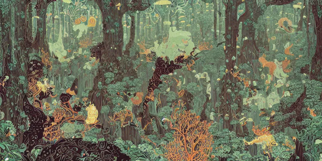 Prompt: a monster in an ornate forest by victo ngai
