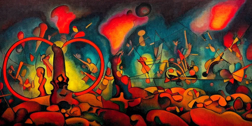 Prompt: trapped on a hedonic treadmill, dark uncanny surreal painting by ronny khalil, and kandinsky, dramatic lighting from fire glow, mouth of hell, ixions wheel