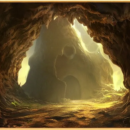 Image similar to beautiful matte painting of a fantasy cave entrance