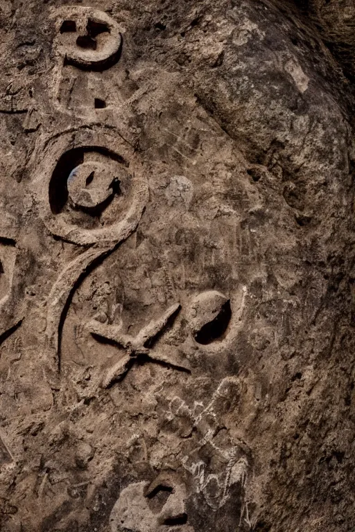 Image similar to 4 k photography of petroglyphs representing crosses, ufo, yin yang symbol on a cave