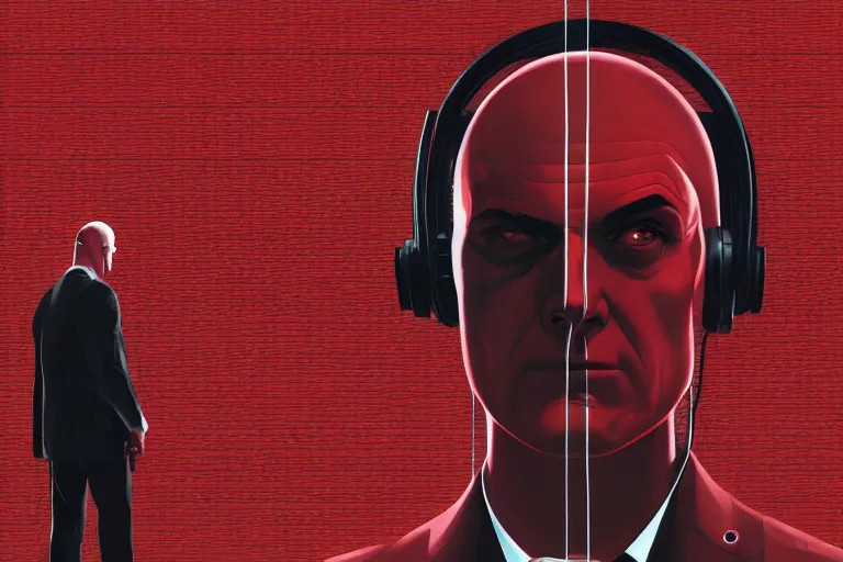 Image similar to an expressive portrait of agent 4 7 from hitman wearing headphones standing in front of a wall of vinyl records, speakers and cables, dark background, red rim light, digital art, artstation, concept art by giger stalenhag