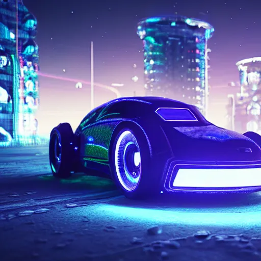 Prompt: Cyberpunk plasma semi-holographic VW W16 in a Russian cyberpunk slum city called Neo Norilsk on the Moon, at night, diverse, lively, Milky way on the sky, blinding sun, sci-fi photorealistic, grainy, 35mm, intricate, very very beautiful, elegant, smooth, cinematic, Unreal Engine 5, by Beeple, trending on Artstation HD