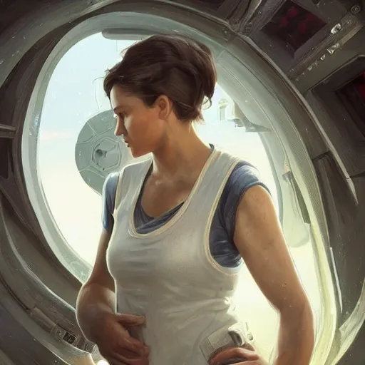 Image similar to epic portrait an woman engineer fixing an starship during winter, white t shirt with a vest, pretty face, glossy skin, beauty digital painting, artstation, concept art, soft light, hdri, smooth, sharp focus, illustration, fantasy, intricate, elegant, highly detailed, D&D, matte painting, in the style of Greg Rutkowski and Alphonse Mucha and artemisia, 8k, highly detailed, jurgens, rutkowski, bouguereau, pastoral, rustic, georgic