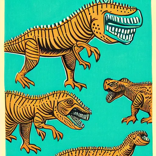 Image similar to dinosaurs by Edward Bawden, linocut