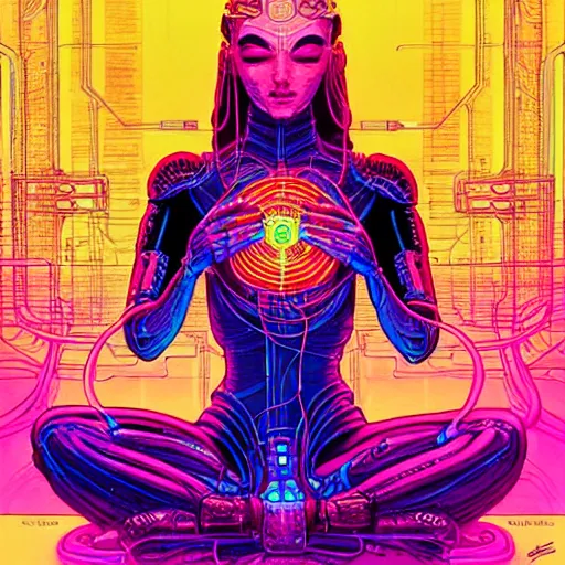 Image similar to a portrait of a beautiful cybernetic woman meditating in lotus pose, wires, cyberpunk concept art by josan gonzales and philippe druillet and dan mumford and enki bilal and jean claude meziere