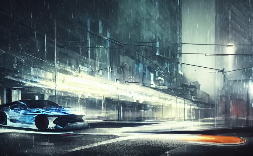 Image similar to a sport car in the streets at night whit blued headlights by Khyzyl Saleem, city landscape, stormy weather, atmospheric, trending artstaion, concept art, sharp focus, high detail, octane render, synth-wave